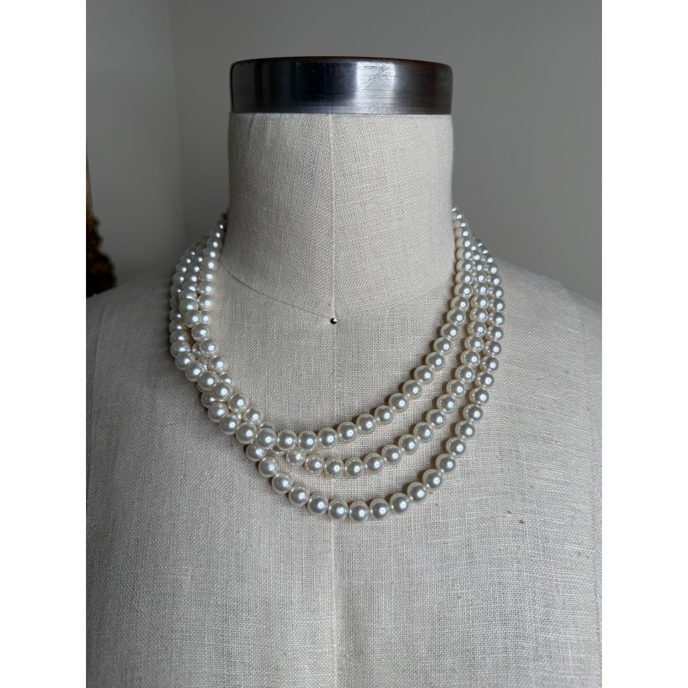 Vintage Japan Faux Pearl Triple Strand Floral Clasp Necklace Women's OS VTG
